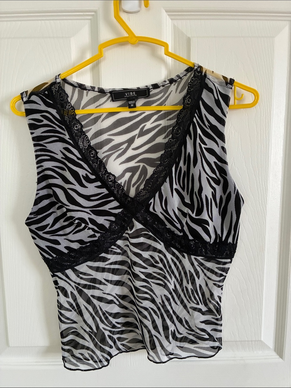 Vibe Black & White Zebra Print Lace Trim Sheer Tank